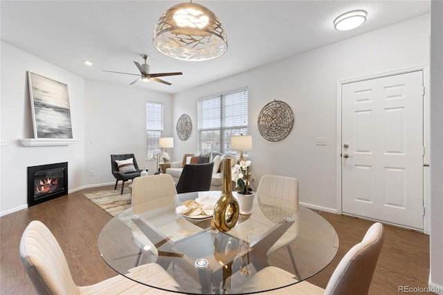 dining room featuring ceiling fan, baseboards, a glass covered fireplace, and wood finished floors