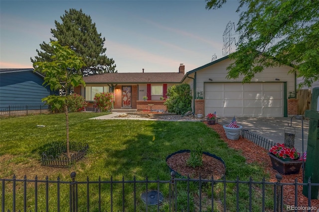 18083 E Atlantic Dr, Aurora, CO 80013 - ranch-style home featuring brick siding, an attached garage, a chimney, and concrete driveway