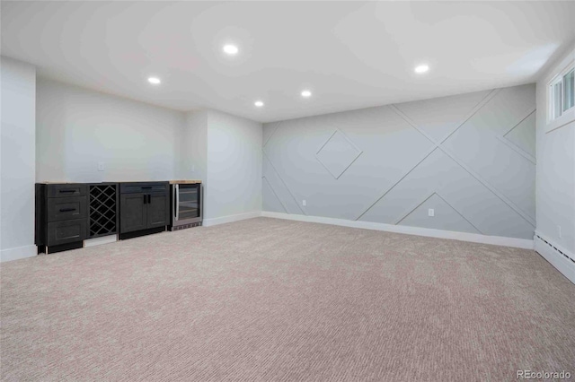 basement with indoor bar, light carpet, and wine cooler