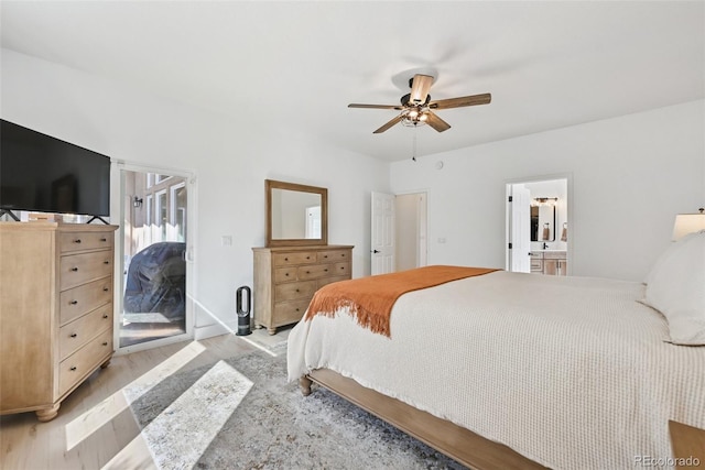 17912 Loverly Way, Monument, CO 80132 - bedroom featuring a ceiling fan, light wood-type flooring, and ensuite bath
