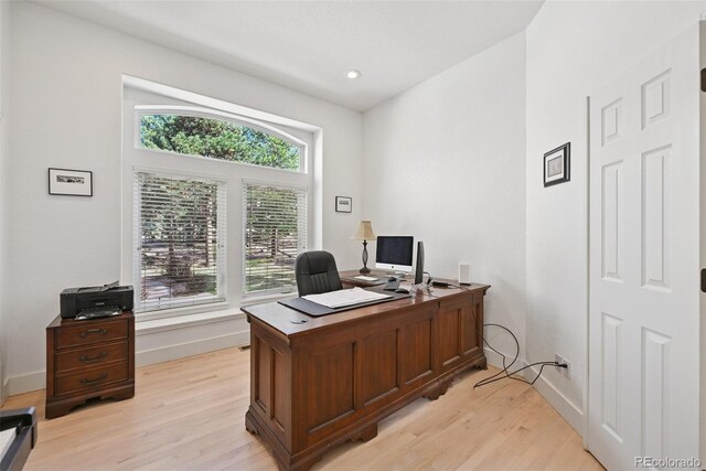 17912 Loverly Way, Monument, CO 80132 - office area featuring light wood-style floors, baseboards, and recessed lighting