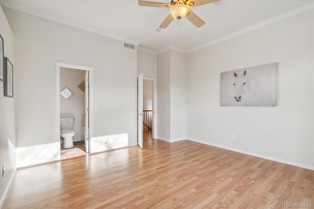 unfurnished bedroom featuring light wood-type flooring, ensuite bathroom, ceiling fan, and crown molding