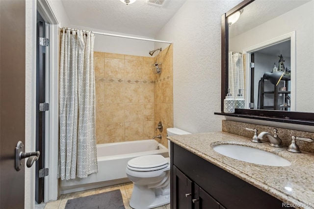 6338 Spotted Fawn Run, Littleton, CO 80125 - full bath with a textured wall, vanity, shower / tub combo with curtain, a textured ceiling, and tile patterned floors