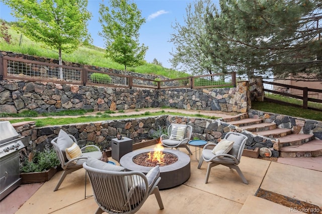 6338 Spotted Fawn Run, Littleton, CO 80125 - fenced backyard with a fire pit, a patio, and a grill