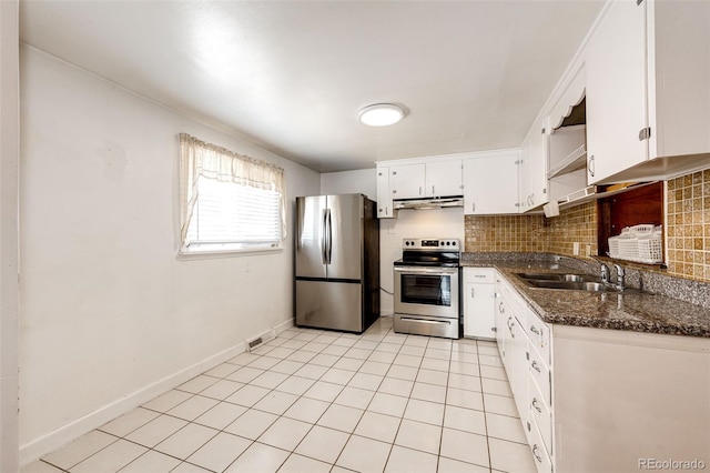 kitchen featuring white cabinets, appliances with stainless steel finishes, a sink, decorative backsplash, and under cabinet range hood