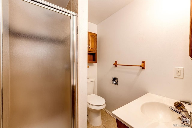 full bathroom with toilet, tile patterned floors, a shower stall, and vanity