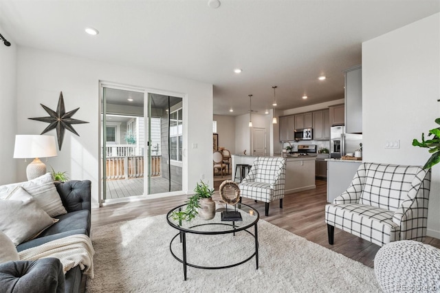 living room featuring wood finished floors and recessed lighting