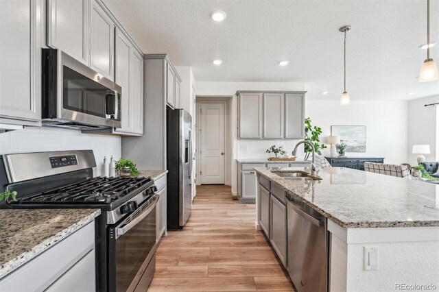 kitchen with gray cabinets, a sink, stainless steel appliances, and light wood finished floors