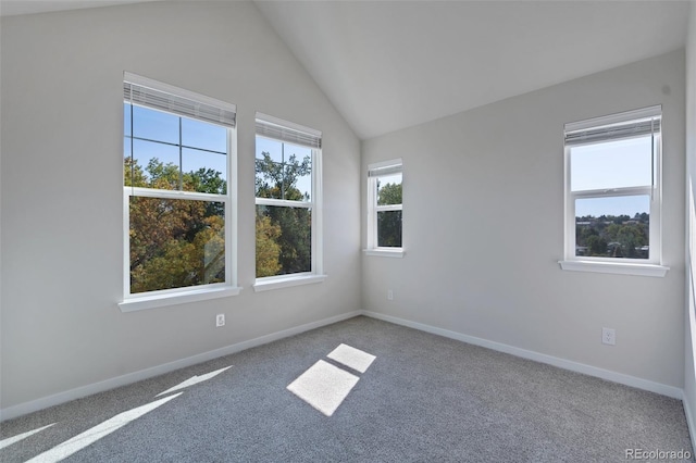 spare room with carpet flooring and lofted ceiling