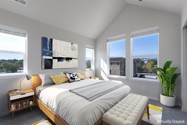 carpeted bedroom with lofted ceiling