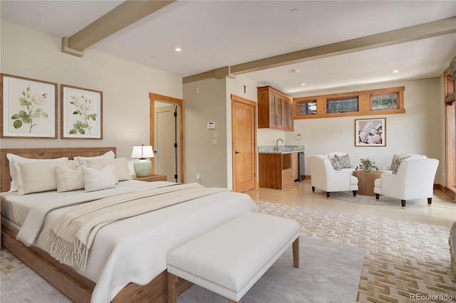 180 Outpost Ln, Evergreen, CO 80439 - bedroom with beam ceiling, wet bar, recessed lighting, and light wood-style floors