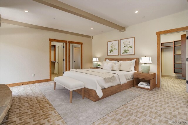 180 Outpost Ln, Evergreen, CO 80439 - bedroom with a walk in closet, recessed lighting, beamed ceiling, a closet, and baseboards