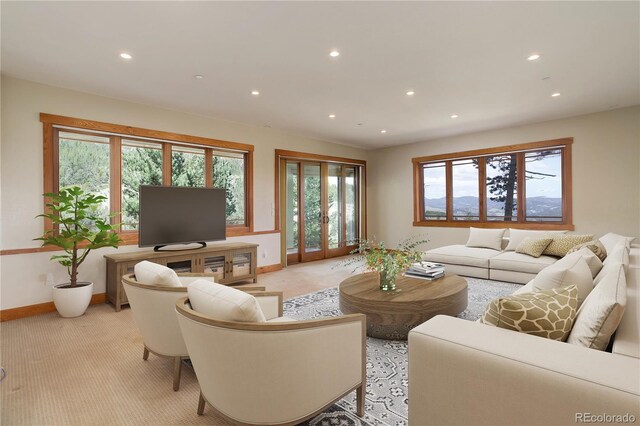 180 Outpost Ln, Evergreen, CO 80439 - living area featuring recessed lighting, light carpet, and baseboards