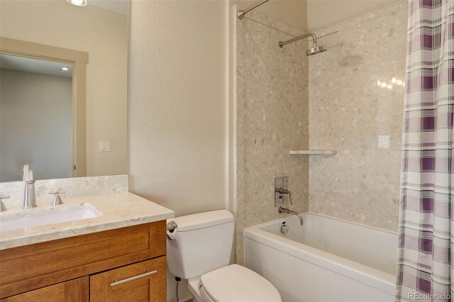 180 Outpost Ln, Evergreen, CO 80439 - full bath featuring vanity, shower / bathtub combination with curtain, and toilet