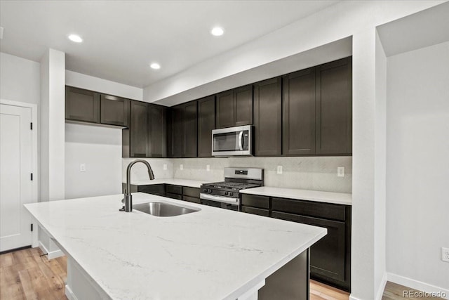 kitchen with a sink, stainless steel appliances, light wood-type flooring, and decorative backsplash