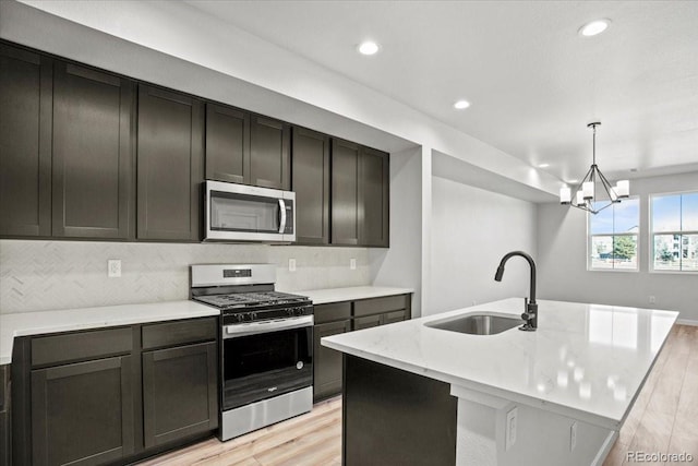 kitchen featuring a sink, stainless steel appliances, light wood-style floors, and decorative backsplash