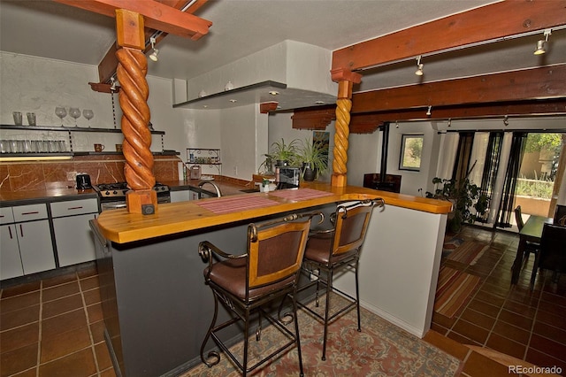 10 Baca Meadows Townhome Rd, Crestone, CO 81131 - kitchen featuring butcher block counters, track lighting, dark tile patterned flooring, stainless steel range with gas stovetop, and a breakfast bar area