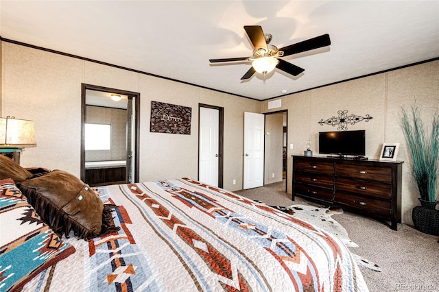 bedroom featuring carpet flooring, crown molding, and a ceiling fan