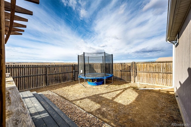 fenced backyard with a trampoline