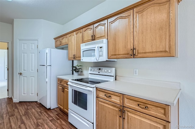 7831 S Addison Way, Aurora, CO 80016 - kitchen with white appliances, dark wood finished floors, and light countertops