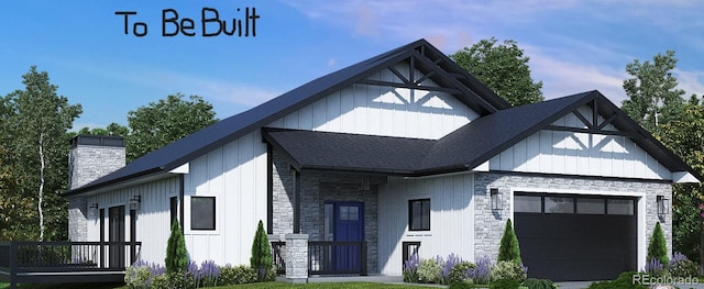 modern inspired farmhouse with an attached garage, stone siding, roof with shingles, board and batten siding, and a chimney