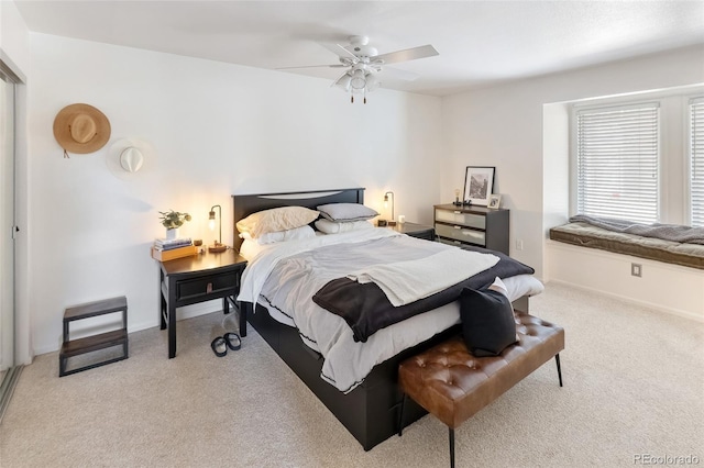 bedroom featuring carpet flooring, ceiling fan, and baseboards