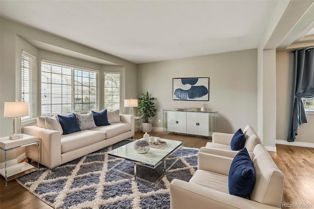 living area with baseboards and wood finished floors