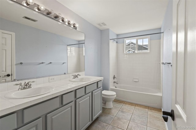 full bathroom featuring a sink, visible vents, toilet, and double vanity