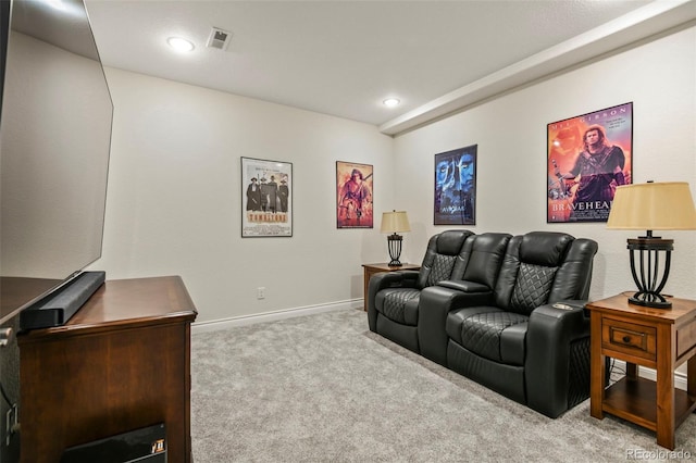 carpeted cinema room featuring baseboards, visible vents, and recessed lighting