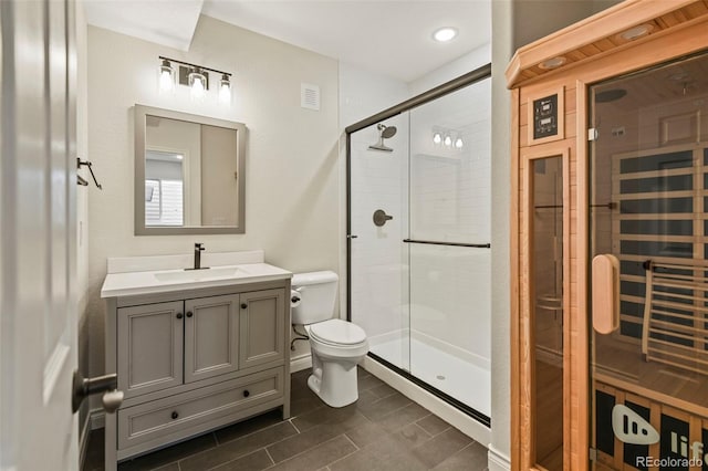bathroom featuring a sauna, vanity, visible vents, toilet, and a stall shower