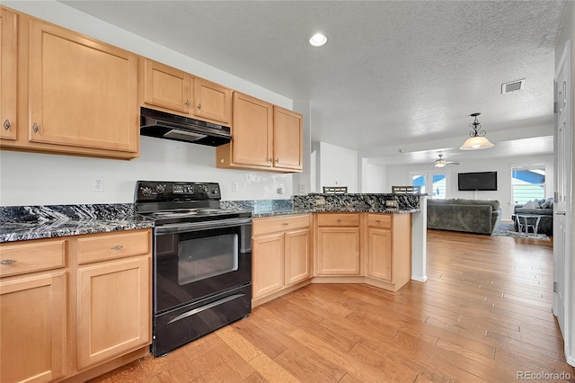 18947 E 57th Pl, Denver, CO 80249 - kitchen featuring black range with electric stovetop, under cabinet range hood, a peninsula, light brown cabinetry, and recessed lighting