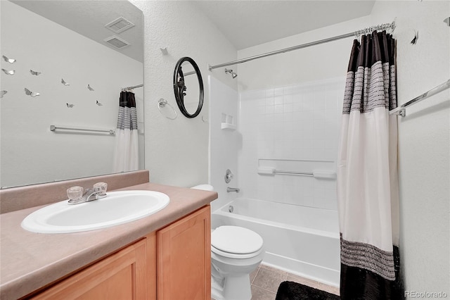 18947 E 57th Pl, Denver, CO 80249 - bathroom with shower / bathtub combination with curtain, vanity, and tile patterned flooring