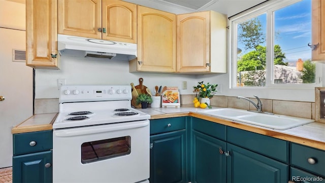 1930 S Prospect Ave, Colorado Springs, CO 80905 - kitchen featuring white electric range, under cabinet range hood, healthy amount of natural light, and a sink
