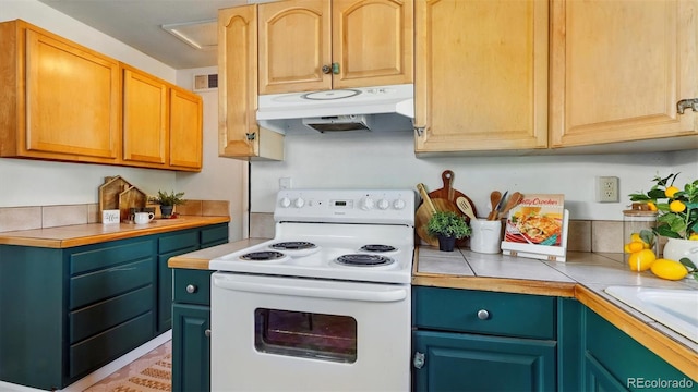 1930 S Prospect Ave, Colorado Springs, CO 80905 - kitchen featuring white electric range oven, under cabinet range hood, tile countertops, a sink, and blue cabinets