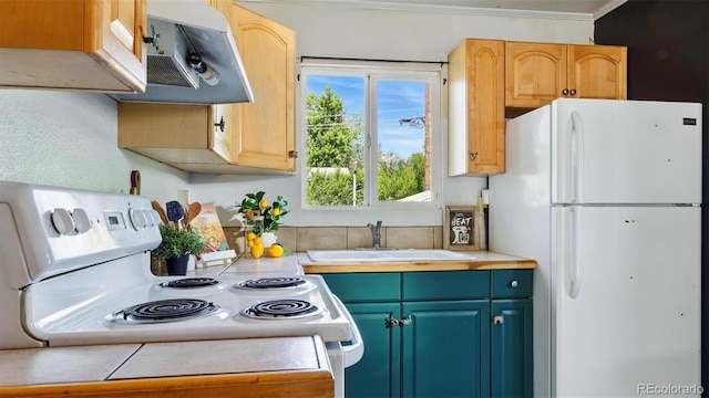 1930 S Prospect Ave, Colorado Springs, CO 80905 - kitchen featuring white appliances, a sink, light countertops, exhaust hood, and ornamental molding