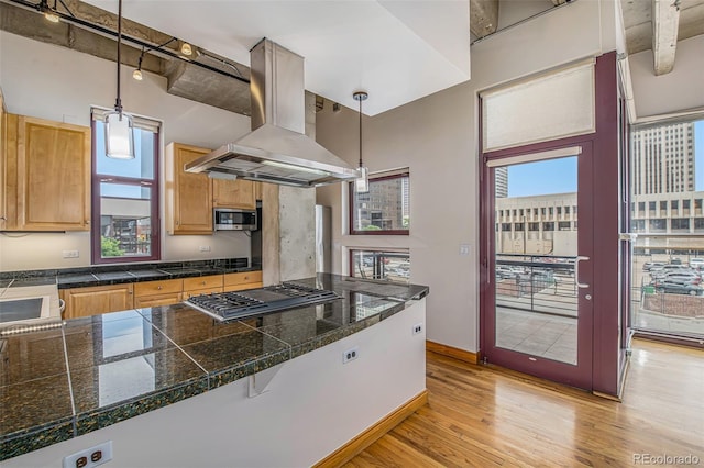 kitchen with island range hood, appliances with stainless steel finishes, decorative light fixtures, and light wood-type flooring