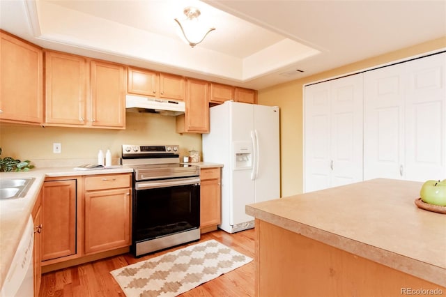 654 S Xenon Ct, Lakewood, CO 80228 - kitchen with white appliances, under cabinet range hood, a tray ceiling, light countertops, and light wood-style flooring
