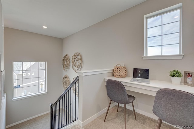 1193 Highview Dr, Erie, CO 80516 - office area with light colored carpet, baseboards, built in study area, and recessed lighting