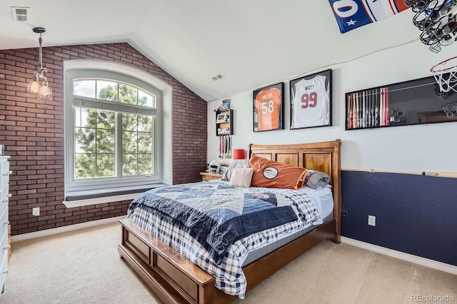 bedroom featuring brick wall, carpet, vaulted ceiling, and baseboards