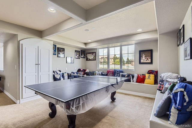 rec room with carpet flooring, recessed lighting, baseboards, and beam ceiling