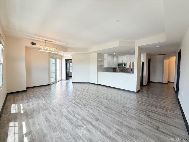 925 N Lincoln St Unit 8H, Denver, CO 80203 - unfurnished living room featuring light wood-type flooring and arched walkways