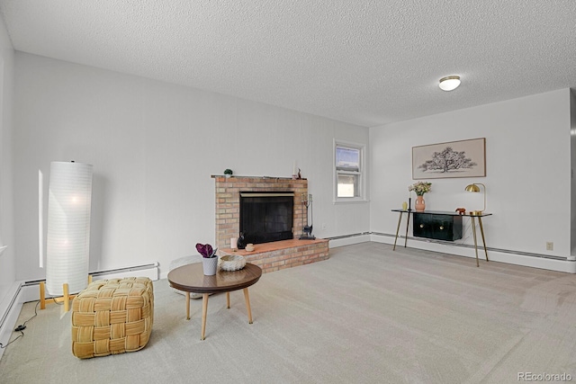 living room featuring a textured ceiling, carpet flooring, and a fireplace