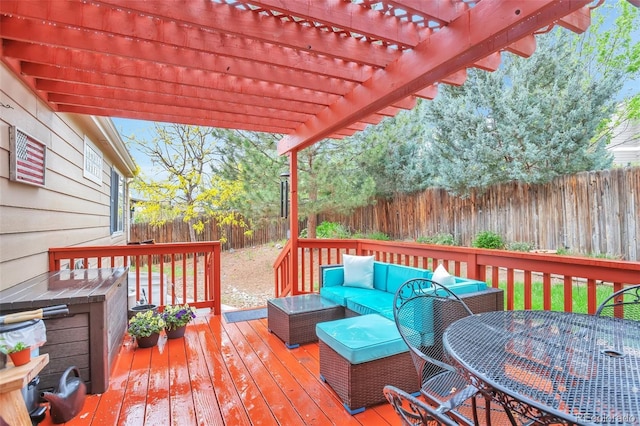 wooden terrace featuring a fenced backyard, an outdoor living space, a pergola, and outdoor dining space