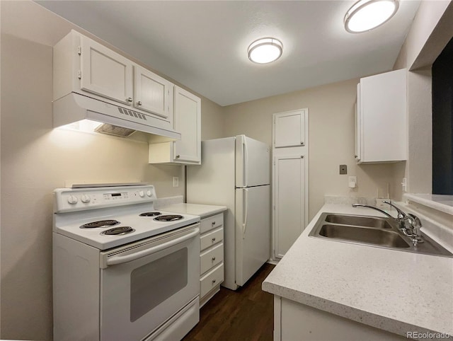 kitchen with white cabinets, white appliances, dark wood-type flooring, and sink