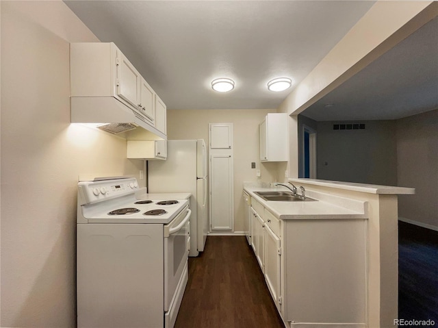 kitchen featuring kitchen peninsula, sink, white cabinets, and white appliances