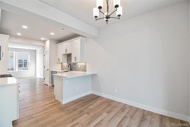 kitchen featuring sink, white cabinetry, light hardwood / wood-style floors, kitchen peninsula, and decorative backsplash