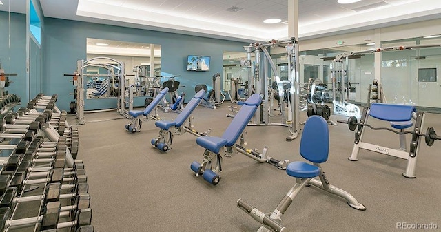 workout area with a tray ceiling