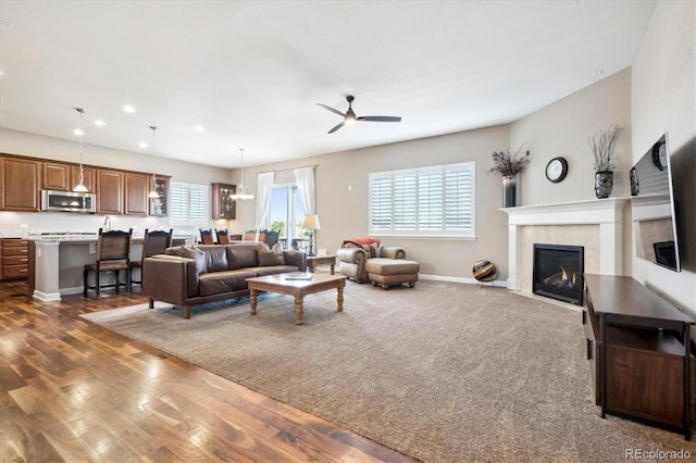 living room featuring ceiling fan and dark wood-type flooring