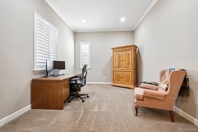 carpeted home office with crown molding