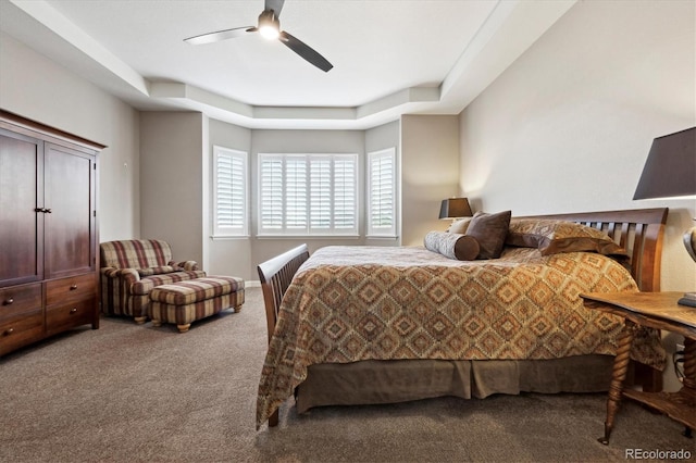 carpeted bedroom featuring a raised ceiling and ceiling fan